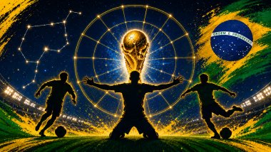 Silhuetas de jogadores brasileiros em estádio iluminado com taça dourada e roda astrológica em fundo azul, verde e amarelo.