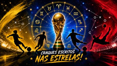 Silhuetas de jogadores em estádio cósmico com taça dourada, signos do zodíaco e fundo vibrante azul, amarelo e vermelho.