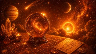 Cena mística em tons de laranja com bola de cristal brilhante sobre mesa astrológica, cercada por velas, cristais e um céu cósmico iluminado.