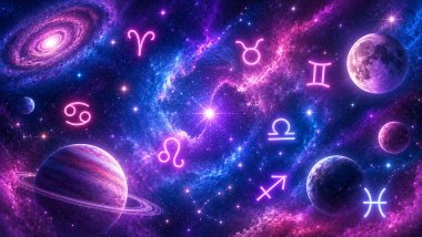 Ilustração cósmica com planetas e símbolos zodiacais luminosos espalhados pelo universo, em tons de azul, rosa, roxo e branco, sobre um fundo estrelado.