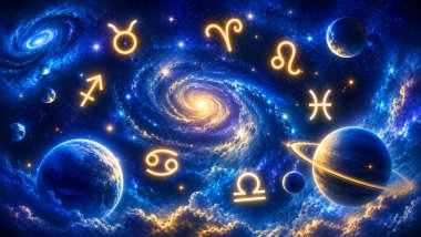 Ilustração cósmica com planetas e símbolos zodiacais luminosos espalhados pelo universo, em tons de azul-escuro, azul-claro, amarelo e branco, sobre um céu repleto de estrelas.