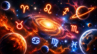 Ilustração cósmica com planetas e símbolos zodiacais luminosos espalhados pelo universo, em tons de laranja, vermelho, azul e branco, sobre um fundo repleto de estrelas e galáxias.