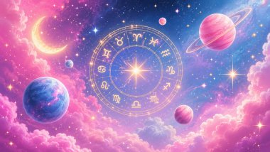 Ilustração cósmica em tons de rosa, azul, branco e amarelo, com planetas, estrelas, lua crescente e uma roda zodiacal luminosa ao centro, envolta por nuvens celestiais brilhantes.
