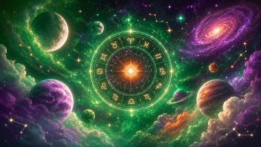Ilustração do universo com planetas, estrelas e elementos astrológicos em tons de verde, roxo, laranja e branco, criando uma atmosfera mística e celestial.