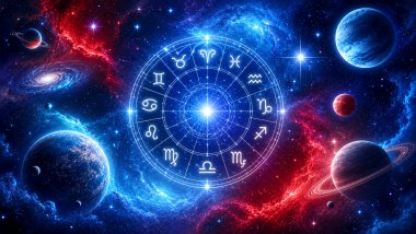 Ilustração do universo com roda zodiacal luminosa, planetas e nebulosas em tons de azul, azul-claro, vermelho e branco, cercados por estrelas brilhantes.