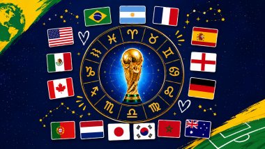 Arte vibrante com taça dourada da Copa cercada por signos do zodíaco e bandeiras de seleções em fundo cósmico azul.