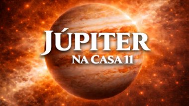 Ilustração do planeta Júpiter em tons alaranjados e dourados, com faixas atmosféricas visíveis, sobre um fundo espacial luminoso. Texto central em destaque: “JÚPITER” e, abaixo, “NA CASA 11”, em fonte branca e grande.