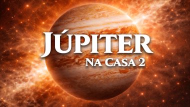 Ilustração do planeta Júpiter em tons alaranjados e dourados, com faixas atmosféricas visíveis, sobre um fundo espacial luminoso. Texto central em destaque: “JÚPITER” e, abaixo, “NA CASA 2”, em fonte branca e grande.