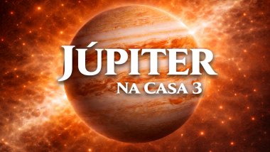 Ilustração do planeta Júpiter em tons alaranjados e dourados, com faixas atmosféricas visíveis, sobre um fundo espacial luminoso. Texto central em destaque: “JÚPITER” e, abaixo, “NA CASA 3”, em fonte branca e grande.