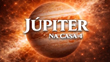 Ilustração do planeta Júpiter em tons alaranjados e dourados, com faixas atmosféricas visíveis, sobre um fundo espacial luminoso. Texto central em destaque: “JÚPITER” e, abaixo, “NA CASA 4”, em fonte branca e grande.