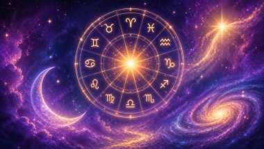 Ilustração cósmica em tons de roxo, azul e dourado com roda astrológica brilhante, lua crescente e galáxia luminosa em cenário celestial.