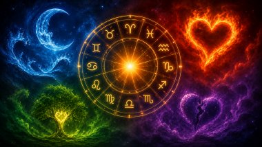 Ilustração astrológica vibrante com roda zodiacal dourada, lua azul, coração flamejante, árvore luminosa e coração roxo partido em cenário cósmico.