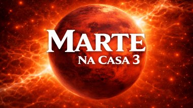 Ilustração do planeta Marte em tons avermelhados e alaranjados, com superfície rochosa, sobre um fundo espacial intenso e luminoso. Texto central em destaque: “MARTE” e, abaixo, “NA CASA 3”, em fonte branca e grande.