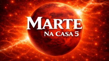 Ilustração do planeta Marte em tons avermelhados e alaranjados, com superfície rochosa, sobre um fundo espacial intenso e luminoso. Texto central em destaque: “MARTE” e, abaixo, “NA CASA 5”, em fonte branca e grande.