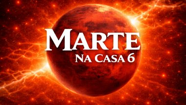Ilustração do planeta Marte em tons avermelhados e alaranjados, com superfície rochosa, sobre um fundo espacial intenso e luminoso. Texto central em destaque: “MARTE” e, abaixo, “NA CASA 6”, em fonte branca e grande.