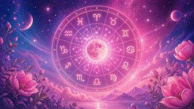 Ilustração mística em tons de rosa, roxo e azul com roda do zodíaco central brilhante, cercada por estrelas, planetas e flores em um cenário cósmico suave.