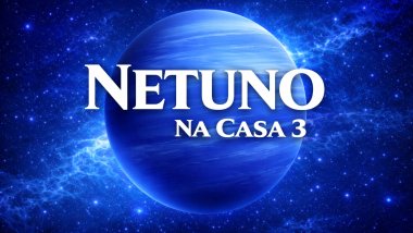 Ilustração do planeta Netuno em tons azul-intensos, com aparência gasosa, sobre um fundo espacial estrelado. Texto central em destaque: “NETUNO” e, abaixo, “NA CASA 3”, em fonte branca e grande.