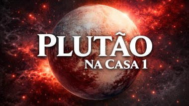 Ilustração do planeta Plutão em tons avermelhados, com textura rochosa, sobre um fundo espacial intenso e luminoso. Texto central em destaque: “PLUTÃO” e, abaixo, “NA CASA 1”, em fonte branca e grande.