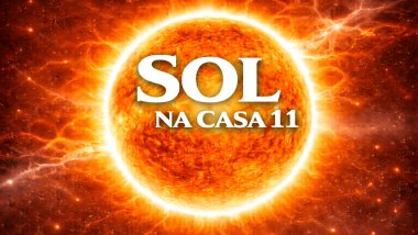 Ilustração do Sol em tons dourados e alaranjados, com brilho intenso e chamas ao redor, sobre um fundo espacial luminoso. Texto central: “SOL” e, abaixo, “NA CASA 11”, em fonte branca e grande.