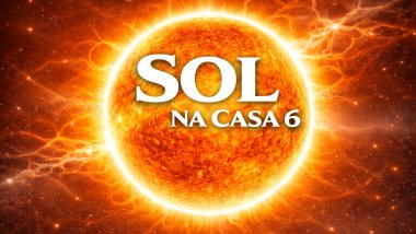 Ilustração do Sol em tons dourados e alaranjados, com brilho intenso e chamas ao redor, sobre um fundo espacial luminoso. Texto central: “SOL” e, abaixo, “NA CASA 6”, em fonte branca e grande.