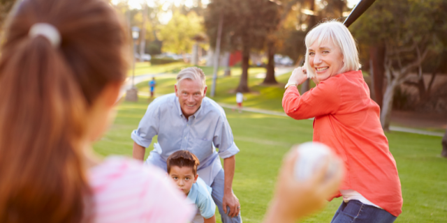 Avós jogam beisebol com netos.
