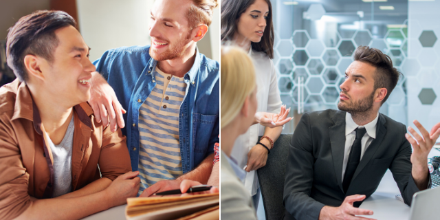 Primeira foto de homem alegre com os amigos e segunda foto de homem discutindo no escritório