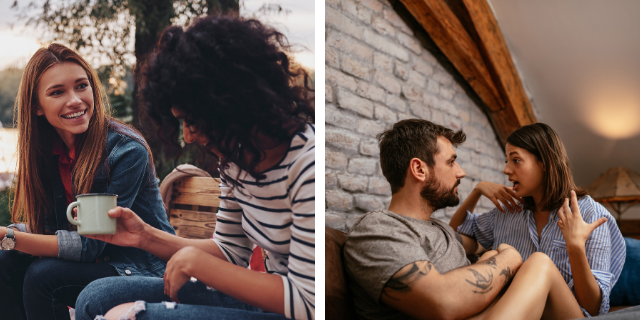 Primeira foto amigos conversando e segunda foto casal discutindo na sala