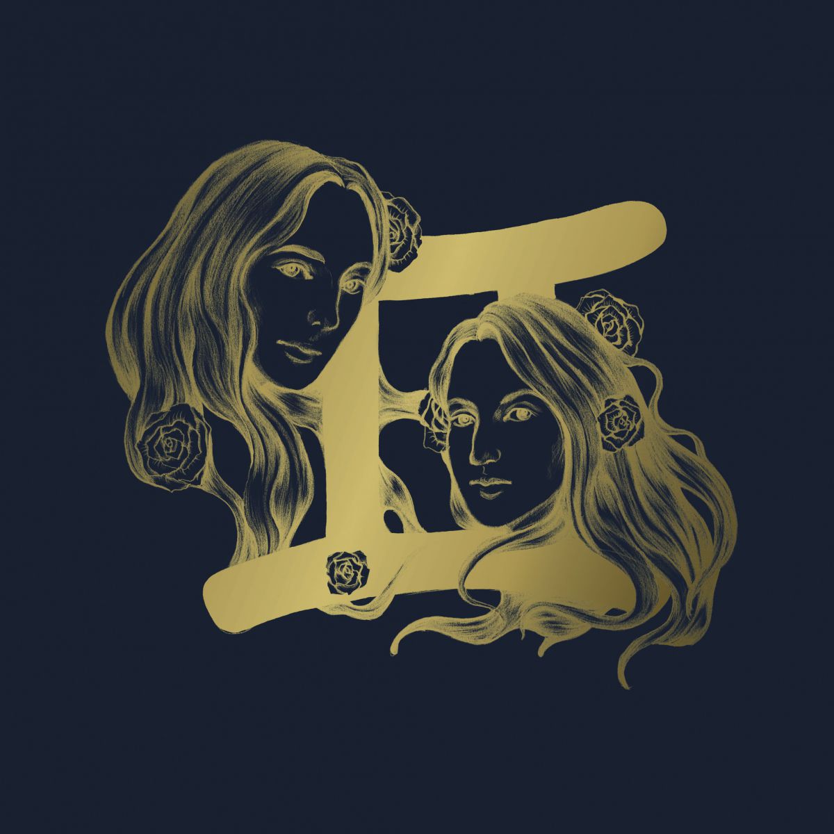 Desenho do símbolo do sígno de Gêmeos, com dois rostos femininos iguais com flores nos cabelos.