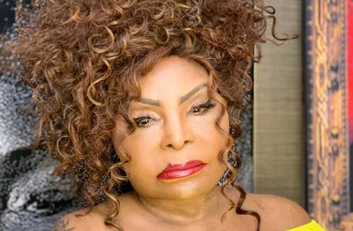 Mulher negra de cabelos castanhos claros presos no alto da cabeça.