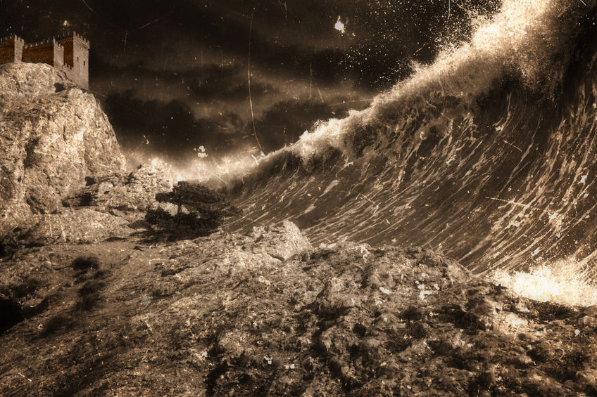 Onda gigante escura e castelo ao fundo