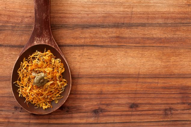 Planta cravo-de-defunto em cima de uma colher de pau em uma mesa de madeira