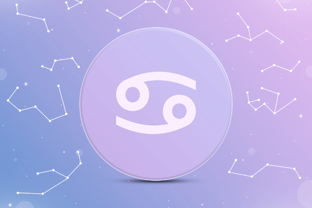 Símbolo de Câncer em destaque sobre fundo com constelações estilizadas.