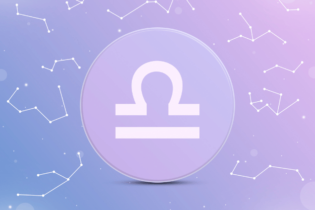 Símbolo de Libra em destaque sobre fundo com constelações estilizadas.