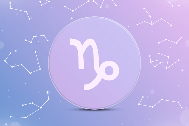 Símbolo de Capricórnio em destaque sobre fundo com constelações estilizadas.