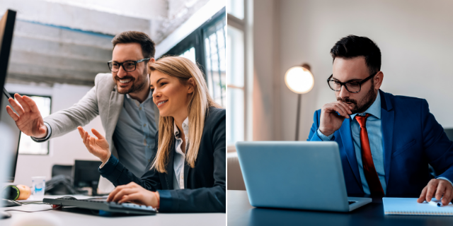 Primeira foto homem sorrindo com colega de trabalho e segunda foto homem estressado trabalhando