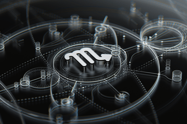 Da-kuk / Getty Images Signature / Canva Símbolo de Escorpião em destaque sobre fundo com elementos tecnológicos e circulares.