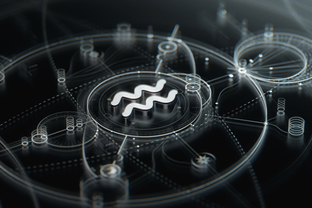 Da-kuk / Getty Images Signature / Canva Símbolo de Aquário em destaque sobre fundo com elementos tecnológicos e circulares.