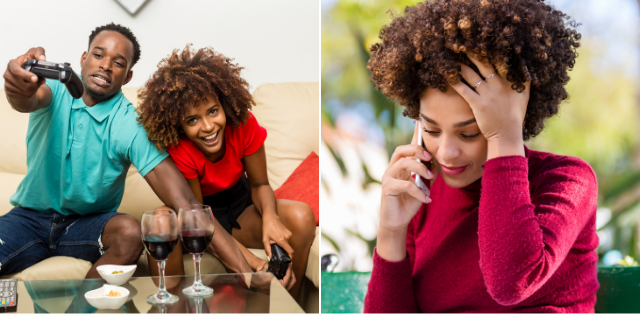 Primeira foto casal jogando videogame juntos e segunda foto mulher triste no telefone