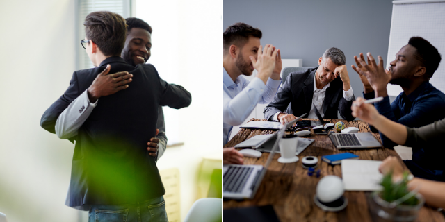 Primeira foto colegas de trabalho se abraçando e segunda foto colegas de trabalho brigando