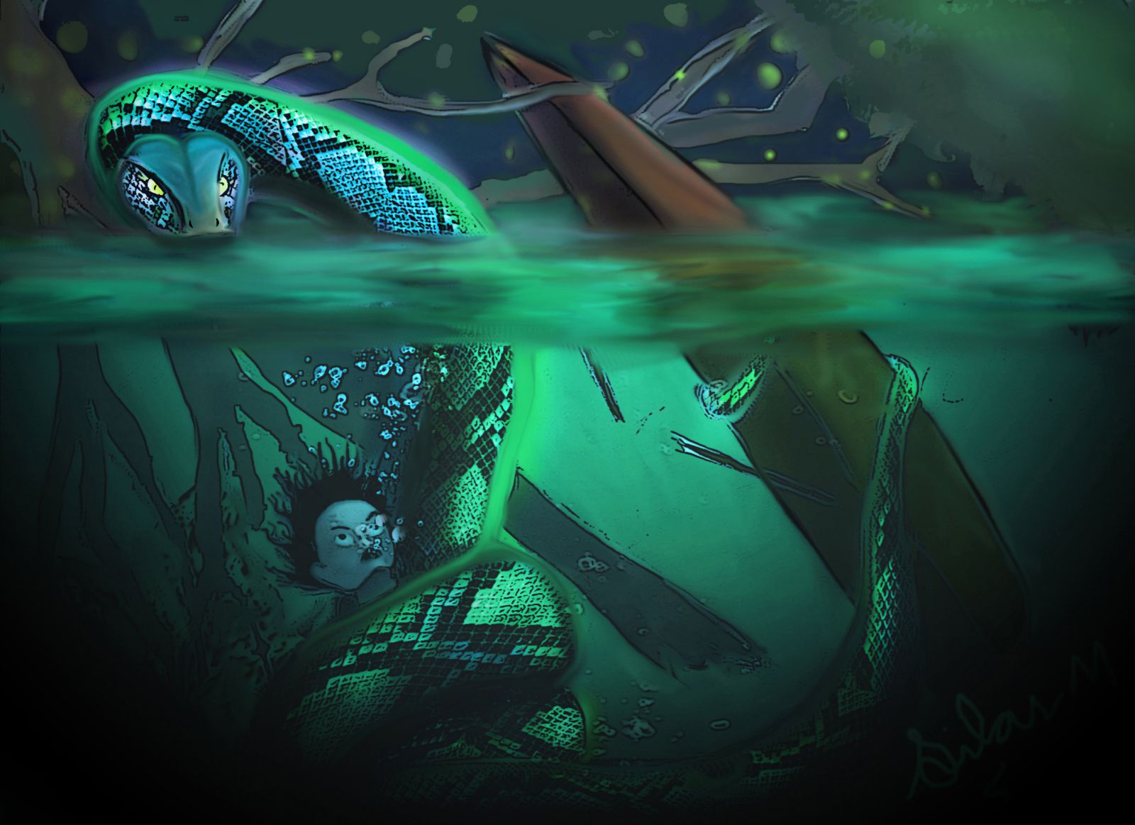 Boitatá na água segurando uma pessoa