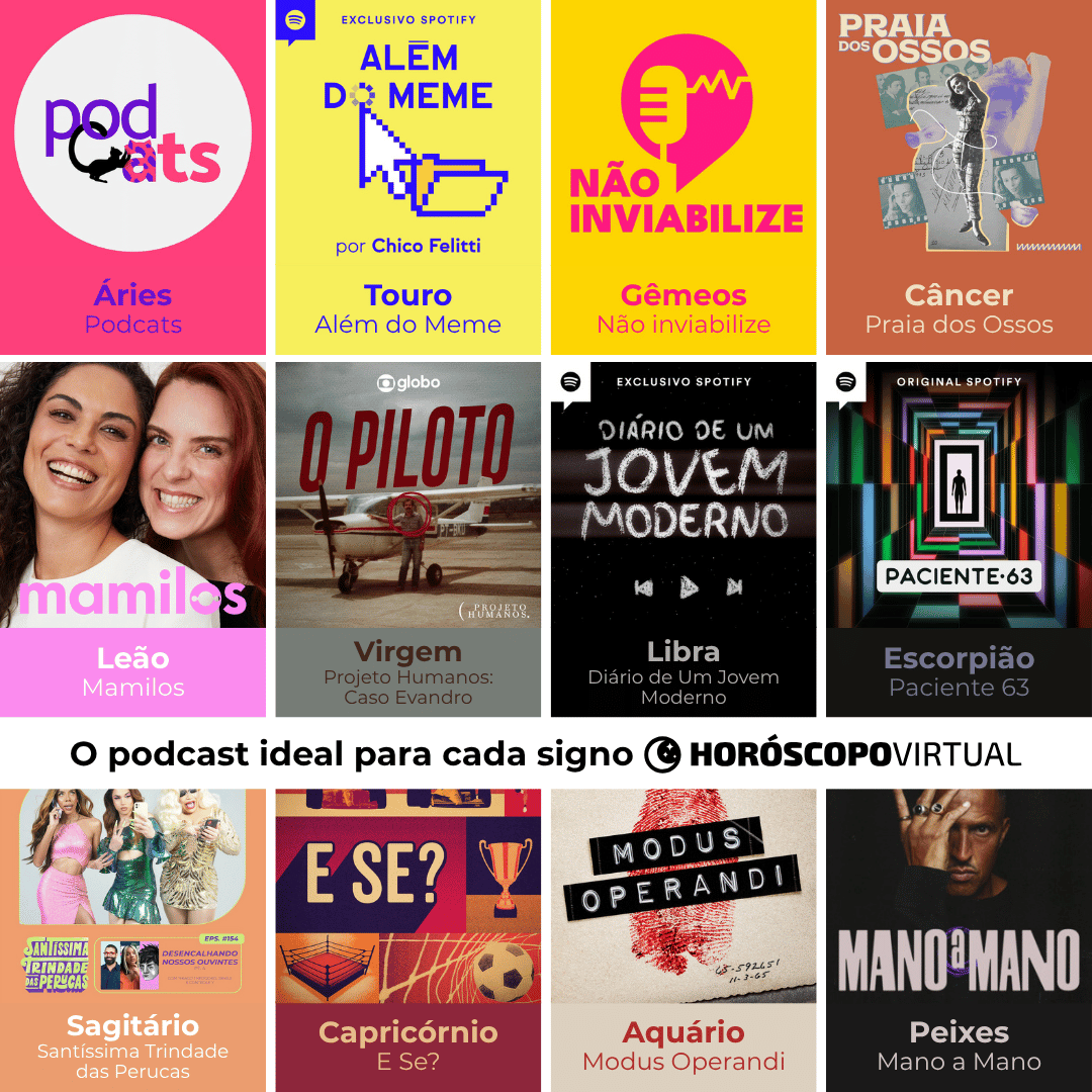 Montagem com as capas de divulgação de doze podcasts relacionados com os signos, são eles: Podcats (Áries); Além do Meme (Touro); Não Inviabilize (Gêmeos); Praia dos Ossos (Câncer); Mamilos (Leão); Projeto Humanos: Caso Evandro (Virgem); Diário de Um Jovem Moderno (Libra); Paciente 63 (Escorpião); Santíssima Trindade das Perucas (Sagitário); E Se? (Capricórnio); Modus Operandi (Aquário); e Mano a Mano (Peixes).