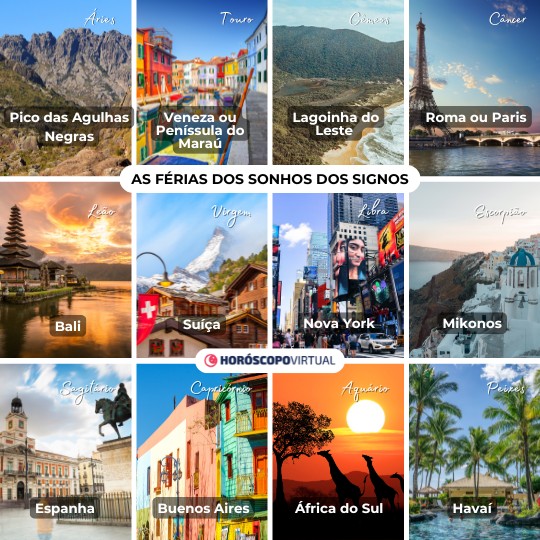Imagem de 12 lugares representando um local onde os signos sonham em passar as férias.