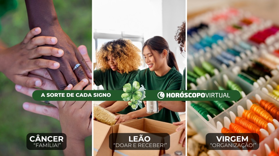 Imagem de três fotos de pessoas representando a família, a doação e a organizando, trazendo o conceito do desejo dos signos de câncer, leão e virgem.