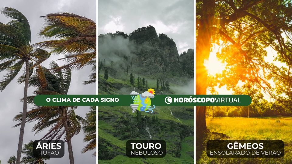 Imagem de três fotos da natureza, representando as estações climáticas dos signos de áries, touro e gêmeos.