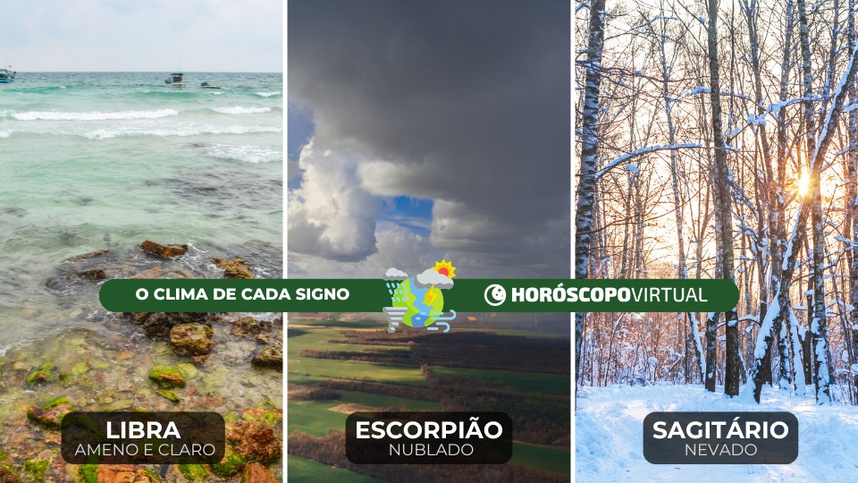 Imagem de três fotos da natureza, representando as estações climáticas dos signos de libra, escorpião e sagitário.