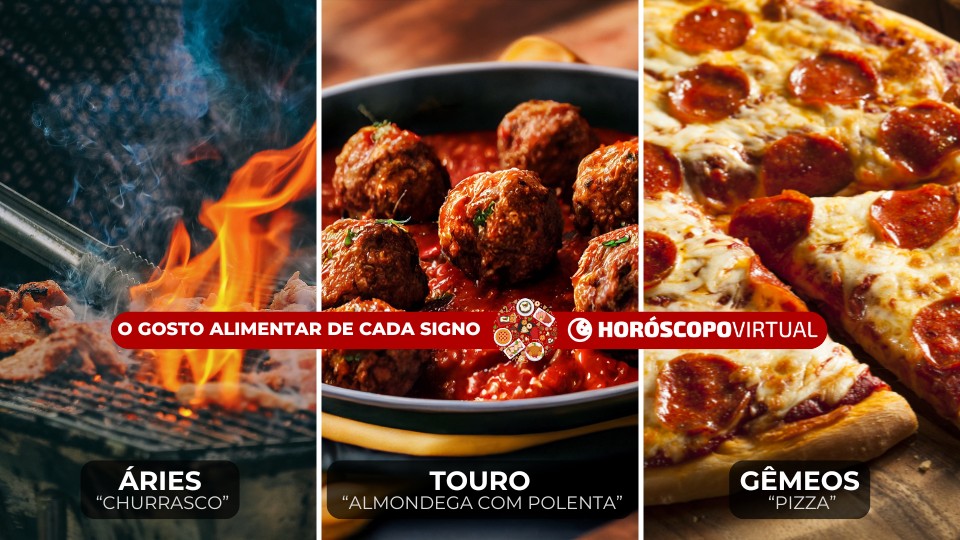 Imagem de três fotos indicando a comida preferida de cada signo, como áries, touro e gêmeos.