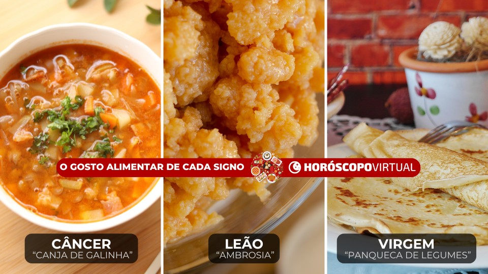 Imagem de três fotos indicando a comida preferida de cada signo, como câncer, leão e virgem.