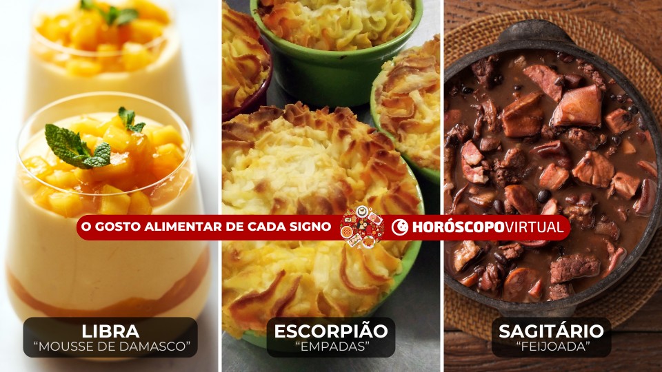 Imagem de três fotos indicando a comida preferida de cada signo, como libra, escorpião e sagitário.