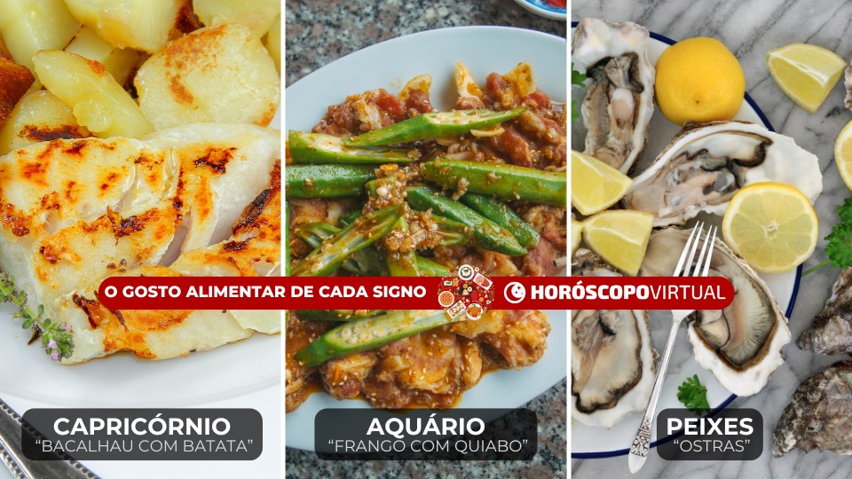 Imagem de três fotos indicando a comida preferida de cada signo, como capricórnio, aquário e peixes.