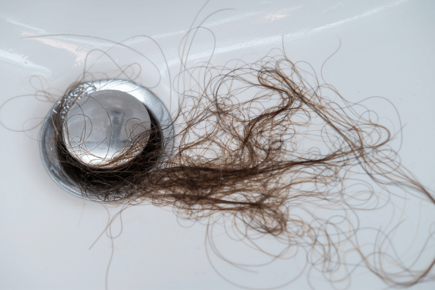 Cabelo molhado em ralo de banheira. 